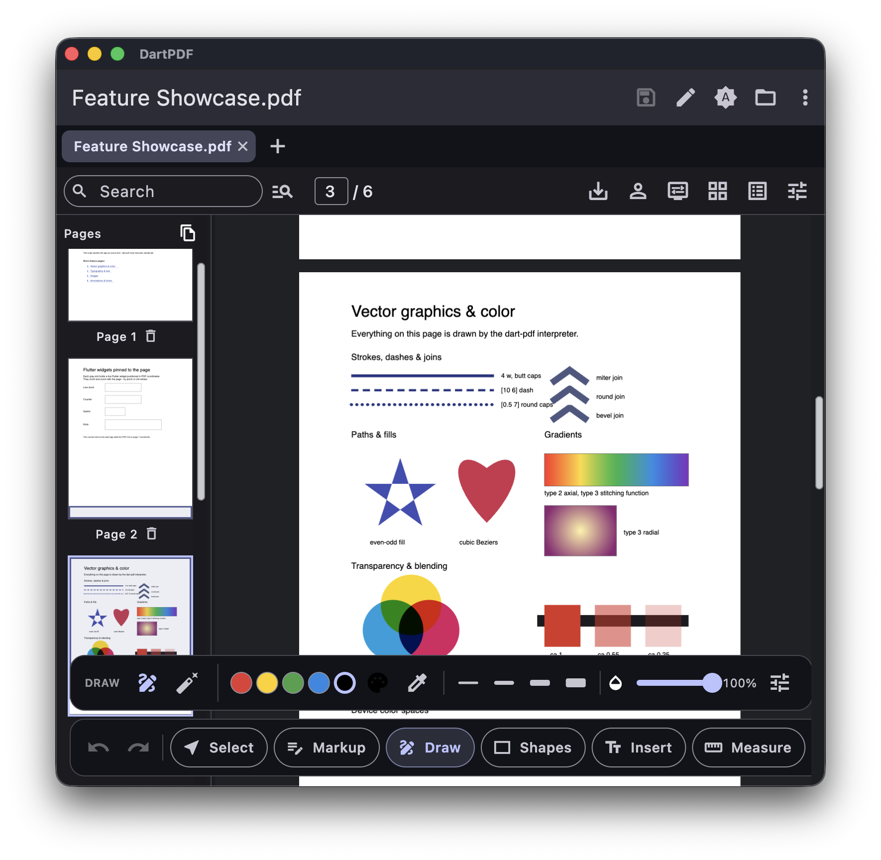 The DartPDF editor showing a PDF with annotation tools, page thumbnails, and a color palette.